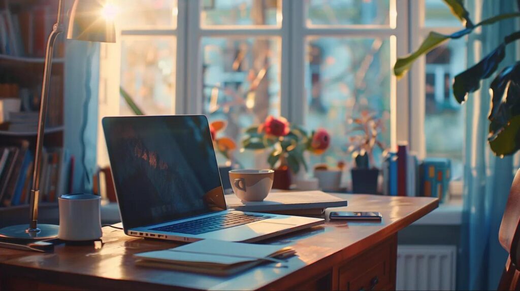 a beautifully arranged workspace features a sleek laptop, vibrant notebooks, and an overflowing coffee cup, all bathed in warm, natural light, symbolizing the efficient and budget-friendly bookkeeping services ideal for small enterprises.